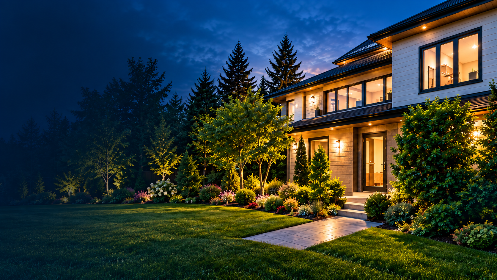 A well-maintained home and garden with warm evening lighting